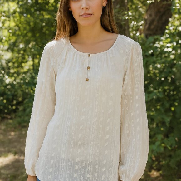 Liz Claiborne Ivory Textured Semi Sheer Long Sleeve Blouse Women XL Ethereal Y2K - Picture 1 of 14